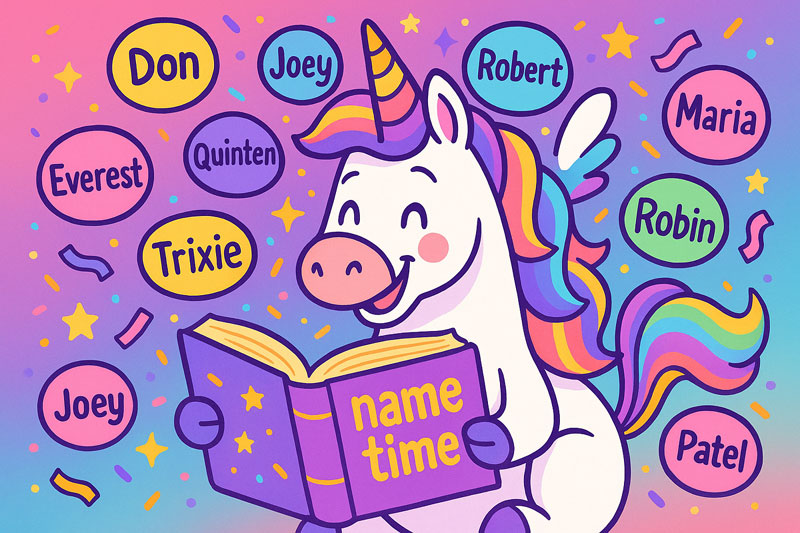 Una the Unicorn reading the Name Time book with names flying around.